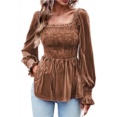 Chestnut Smocked Ribbed Velvet Babydoll Top