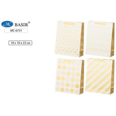 Пакет бумажный 23х18х10 см белый с золотым рисунком, ассорти МС-6731 Basir