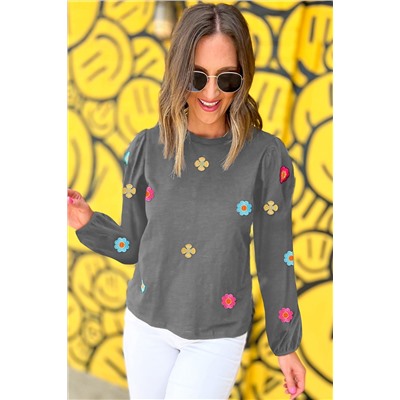 Medium Grey Floral Embroidered Puff Sleeve Blouse