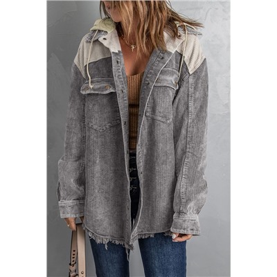 Gray Color Block Button Down Hooded Corduroy Jacket