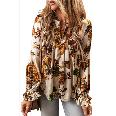 Apricot Gorgeous Floral Split Neck Flounce Sleeve Blouse