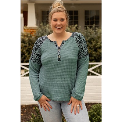 Mist Green Leopard Patchwork Textured Knit Plus Size Henley Top