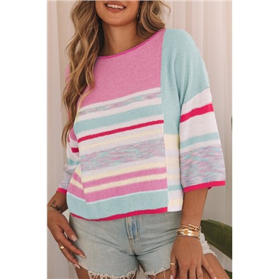 Pink Color Block Striped Three-Quarter Sleeve Knitted Top