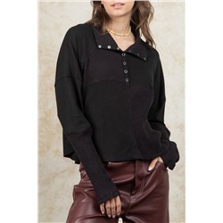 Black Ribbed Knit Snap Button Long Sleeve Top