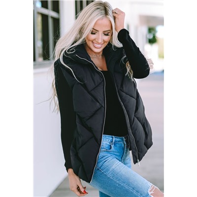 Black Quilted Zipper Front Hooded Vest Coat