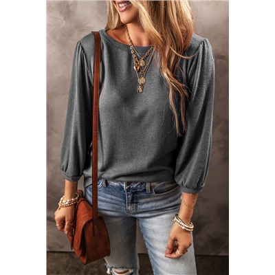 Medium Grey Solid Color 3/4 Sleeve Round Neck Blouse