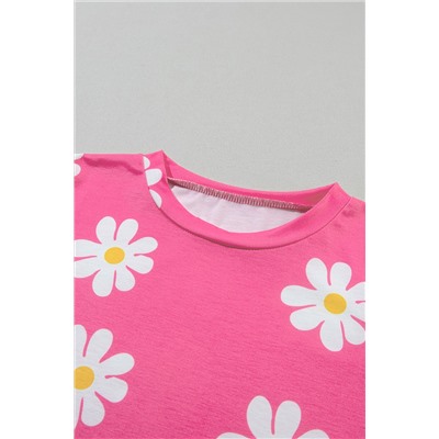 Pink Daisy Printed Crewneck T Shirt