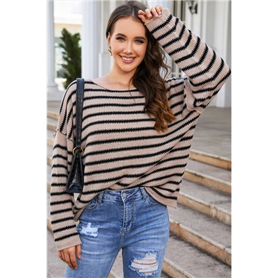 Striped Print Dropped Shoulder Loose Sleeve Sweater