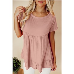 Pink Solid Short Sleeve Ruffle Hem Top