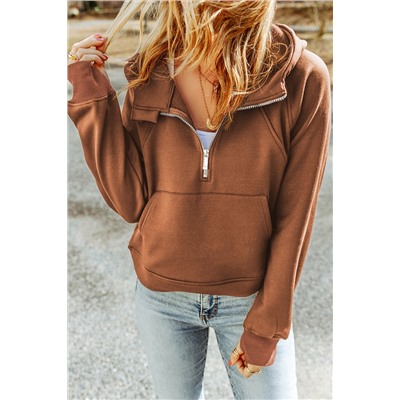 Brown Quarter Zip Kangaroo Pocket Hoodie