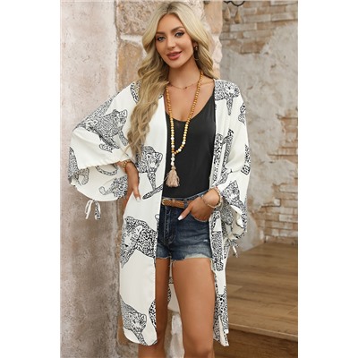 White Cheetah Print Loose Fit Open Front Kimono