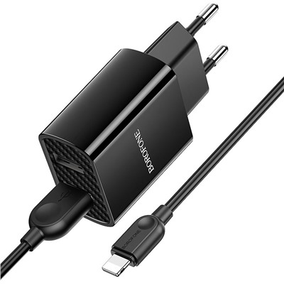 Адаптер Сетевой с кабелем Borofone BA53A Powerway 2USB 2,1A/10W (USB/Lightning) (black)