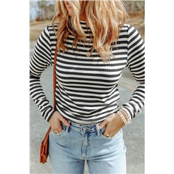 Black Striped Print Textured Knit Long Sleeve Tee