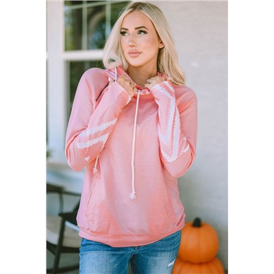 Pink Aztec Print Patchwork Thumb Hole Hoodie