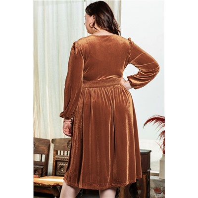 Camel Surplice V Neck Balloon Sleeve Velvet Dress