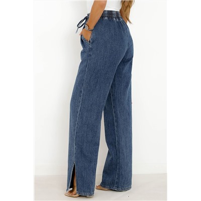 Dark Blue Drawstring Elastic Waist Wide Leg Jeans