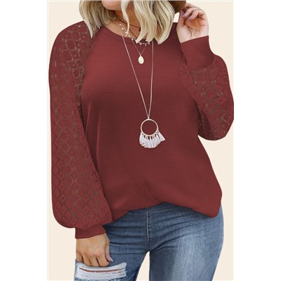 Red Plus Size Contrast Lace Sleeve Waffle Knit Top