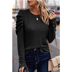 Black Solid Color Textured Buttoned Gigot Sleeve Top