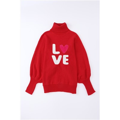 Racing Red Valentine LOVE Letter Embroidered High Neck Sweater