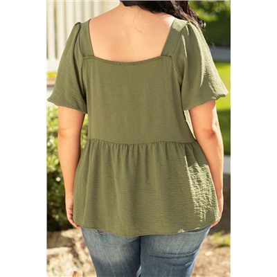 Jungle Green Solid Short Sleeve Square Neck Plus Babydoll Top