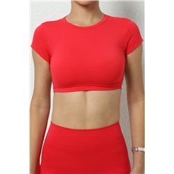 Fiery Red Solid Color Short Sleeve Backless Active Crop Top