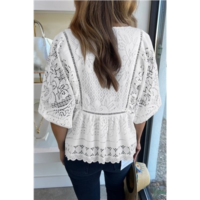 White Lace Crochet Hollowed Scallop Hem V Neck Blouse