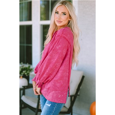 Rose Acid Wash Relaxed Fit Seamed Pullover Sweatshirt with Slits