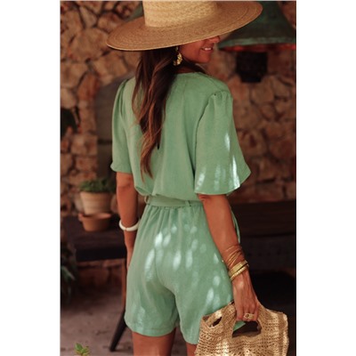 Grass Green Solid Color V Neck Wrap Waist Tie Romper