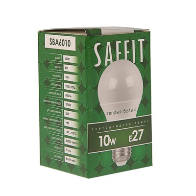 Лампа светодиодная SAFFIT SBA6010, A60, E27, 10 Вт, 230 В, 2700 К, 800 Лм, 220°, 108 х 60 мм