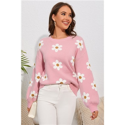 Pink Floral Pattern Drop Shoulder Sweater