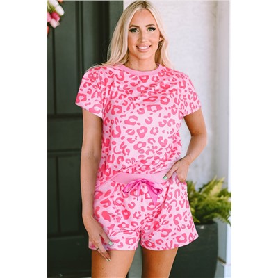 Pink Leopard Print Tee and Satin Tie Shorts Lounge Set