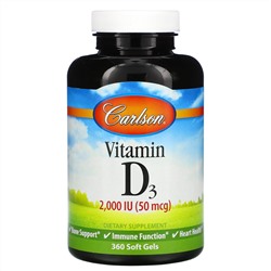 Carlson Labs, витамин D3, 2000 МЕ (50 мкг), 360 мягких таблеток
