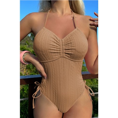 Camel Textured Ruched Bust Drawstrings Sides One Piece Swimwear