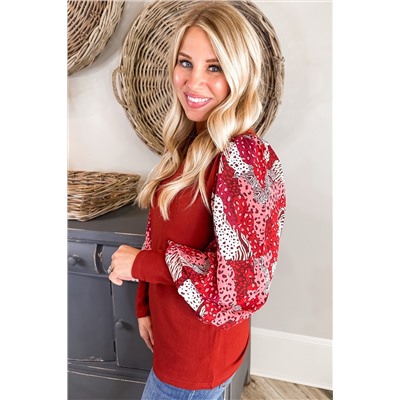 Fiery Red Contrast Mixed Animal Print Lantern Sleeve Patchwork Top