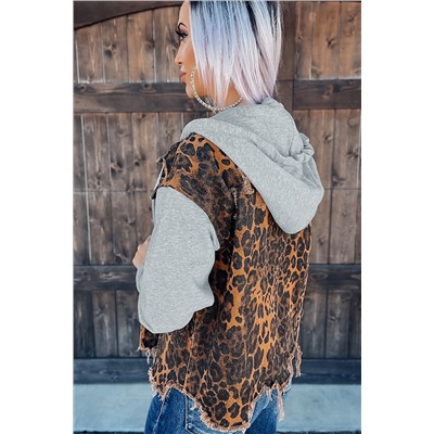 Leopard Ripped Hooded Denim Jacket