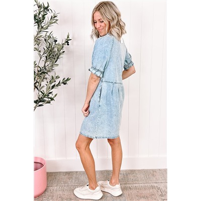 Beau Blue Mineral Wash Ruffled Short Sleeve Buttoned Denim Dress