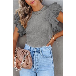 Gray Dotty Mesh Ruffle Sleeve Ribbed Knit Top