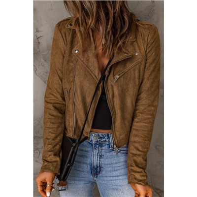 Brown Vegan Suede Zip Detail Moto Jacket