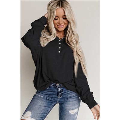 Black Waffle Patchwork Dolman Sleeve Henley Top