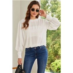 White Padded Shoulder Buttoned Cuffs Pleated Loose Blouse