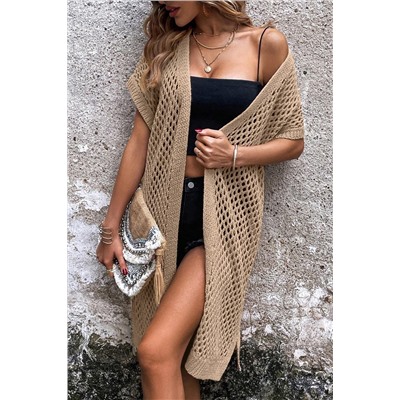 Camel Batwing Sleeve Pointelle Knit Open Front Cardigan