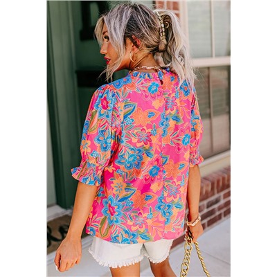 Rose Plus Floral Print Frilly Neck Puff Sleeve Blouse