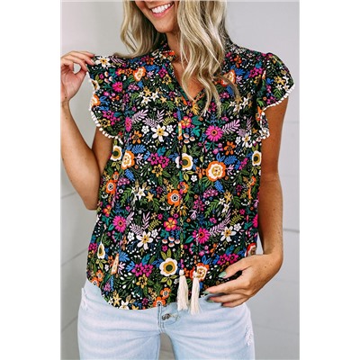 Black Lace Trim Flutter Sleeve Tropical Floral Blouse