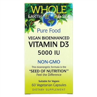 Natural Factors, Whole Earth & Sea, Vegan Bioenhanced Vitamin D3, 5,000 IU, 60 Vegetarian Capsules