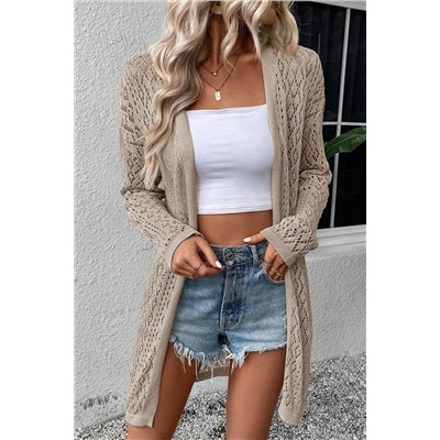 Smoke Gray Solid Color Pointelle Knit Open Front Cardigan