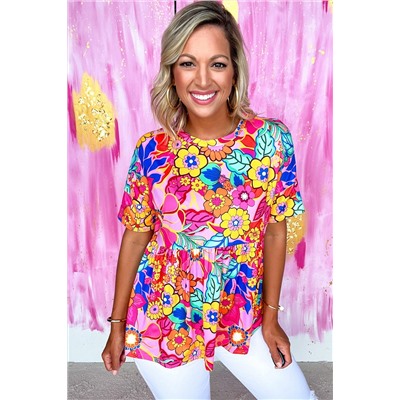 Rose Floral Print Short Sleeve Pleated Babydoll Top