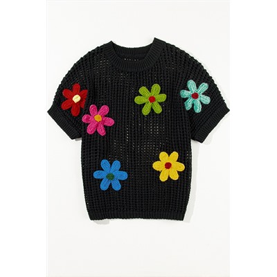 Black Crochet Flower Hollow-out Sweater T Shirt