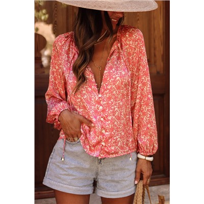 Pink Bubble Sleeve Floral Shirt with Lace up