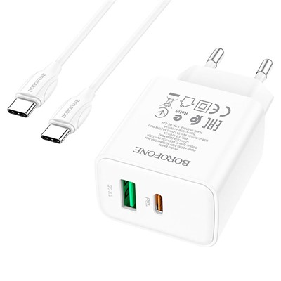 Адаптер Сетевой с кабелем Borofone BA67A PD QC3.0 USB/Type-C 3A/20W (Type-C/Type-C) (white)
