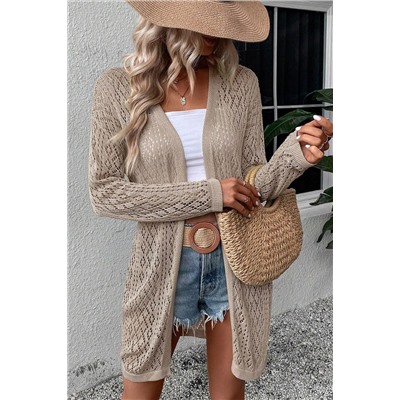 Smoke Gray Solid Color Pointelle Knit Open Front Cardigan